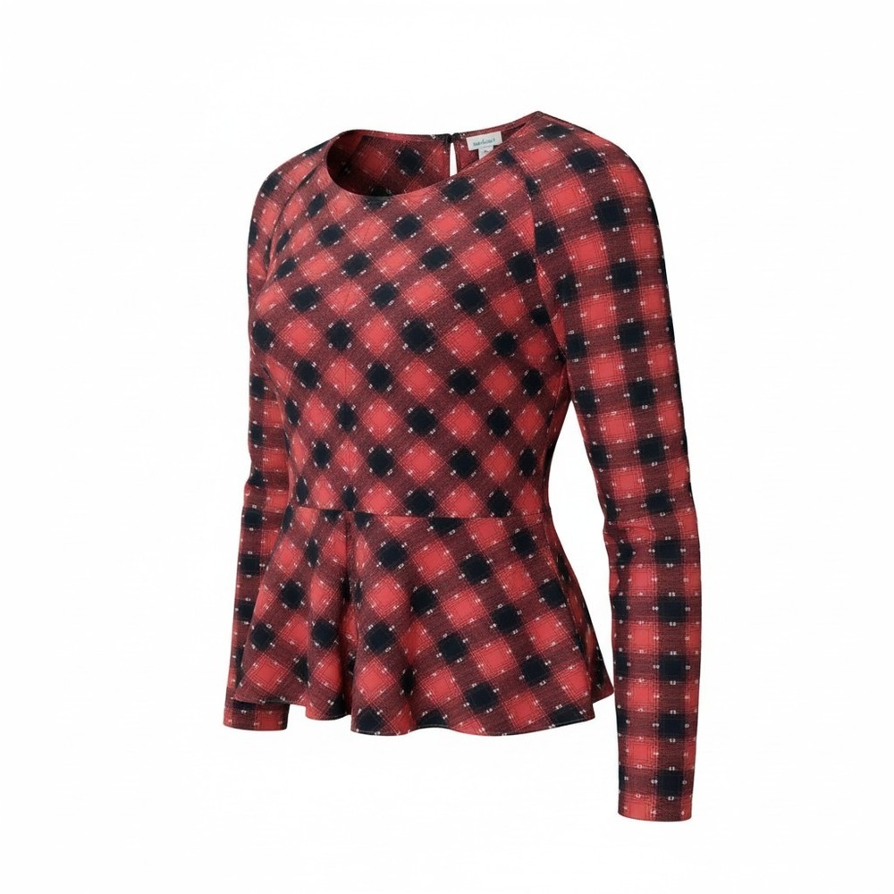 Sundance Women Peplum Top‎ XL Red Black Plaid Long Sleeve Cotton Boho Holiday